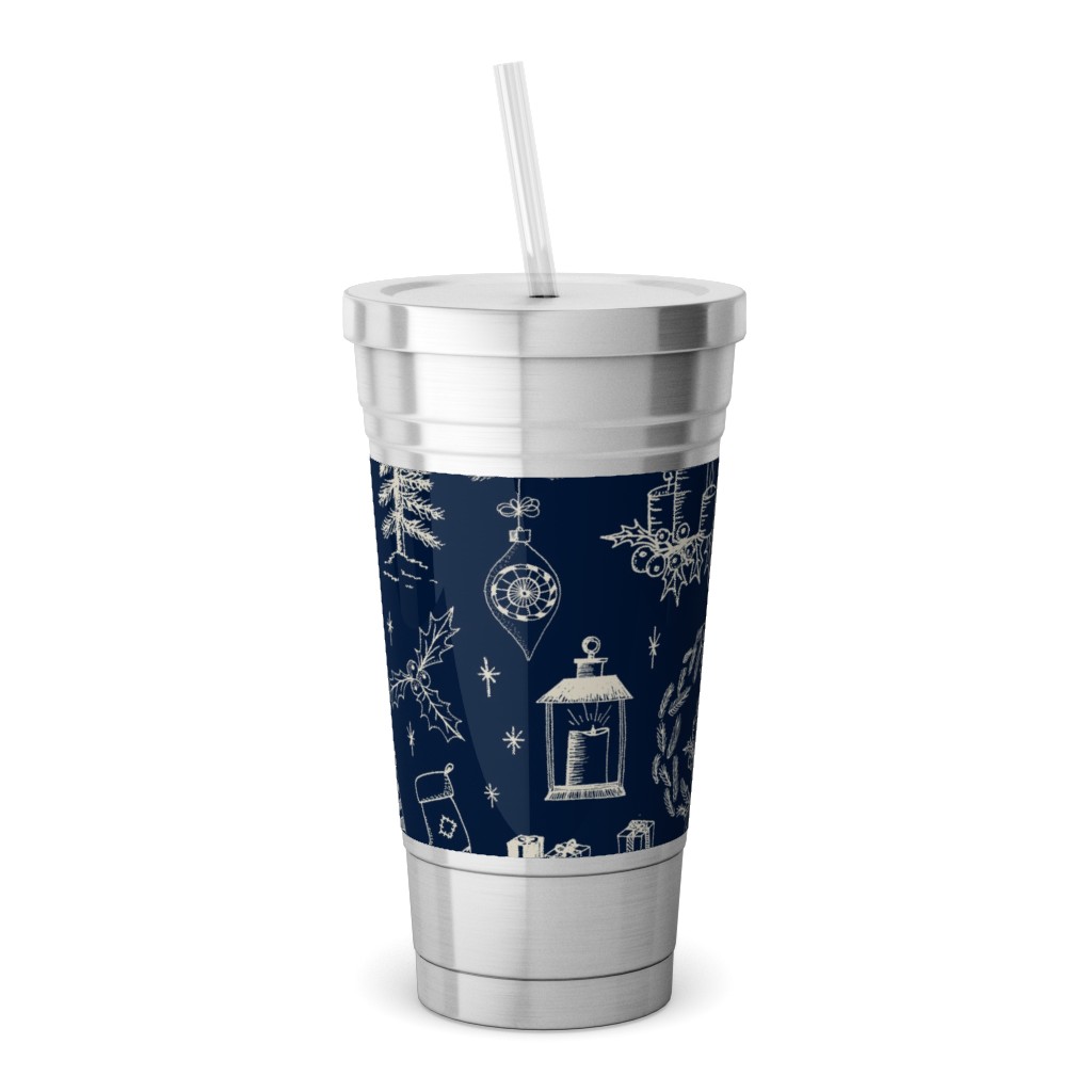 Christmas Toile - Starry Night Stainless Tumbler with Straw, 18oz, Blue