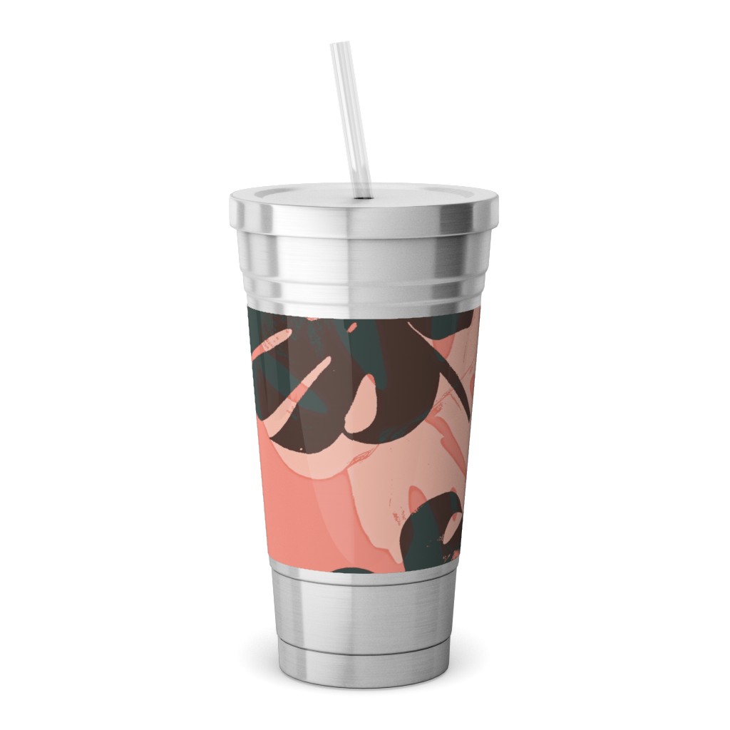 Monstera Leaves - Calypso Stainless Tumbler with Straw, 18oz, Pink