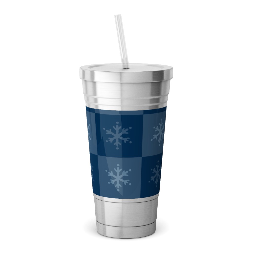 Scandi Cozy Winter Checkered Blue Snowflake Stainless Tumbler with Straw, 18oz, Blue