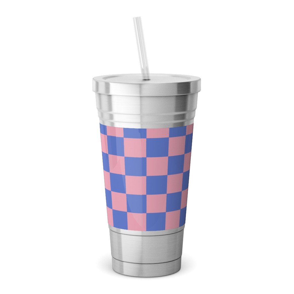 Fun Checkers - Pink and Purple Stainless Tumbler with Straw, 18oz, Pink