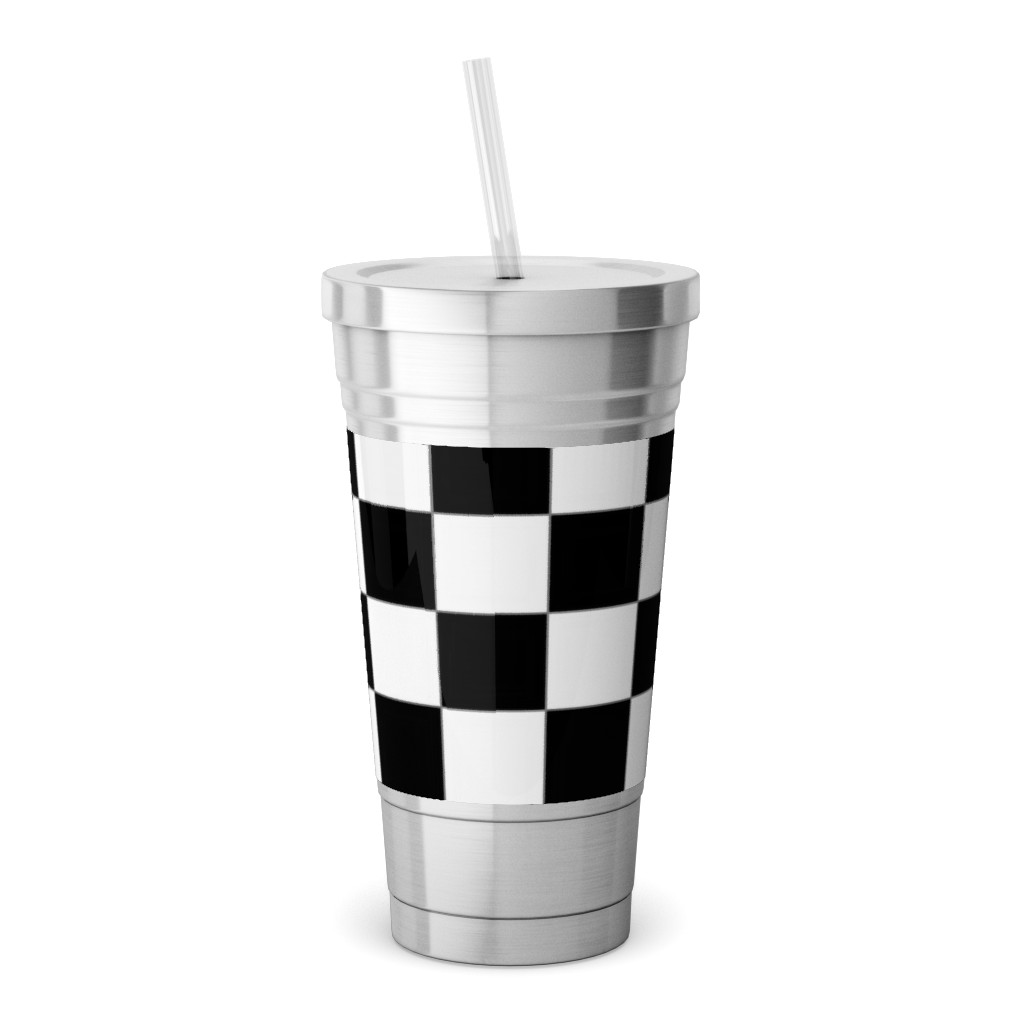 Checker - Black and White Stainless Tumbler with Straw, 18oz, Black