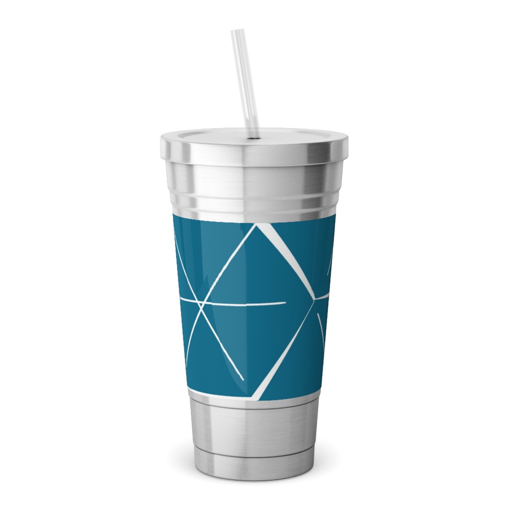 Hexagons - Blue Stainless Tumbler with Straw, 18oz, Blue