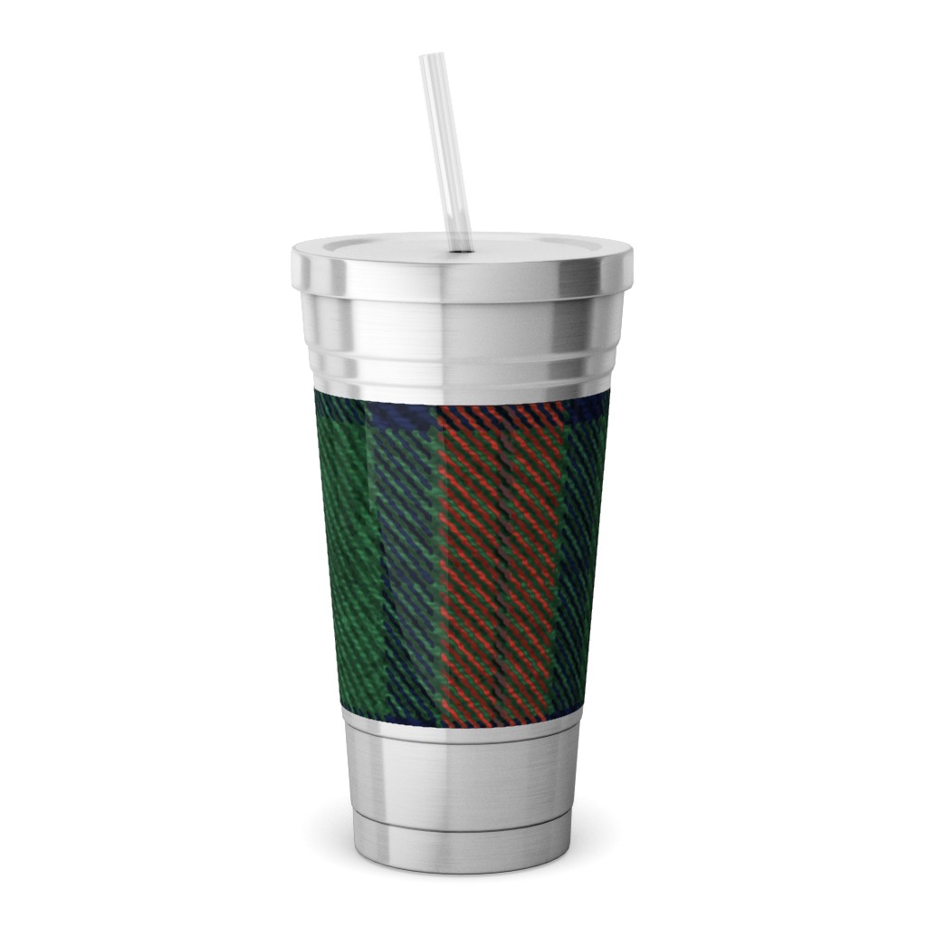 Holiday Tartan Stainless Tumbler with Straw, 18oz, Green