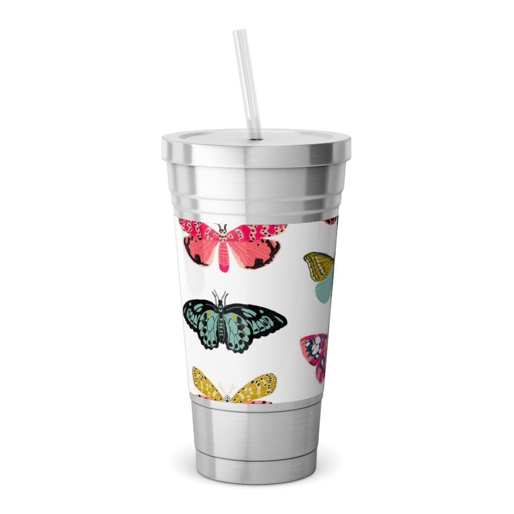 Moths and Butterflies Spring Garden - Light Stainless Tumbler with Straw, 18oz, Multicolor