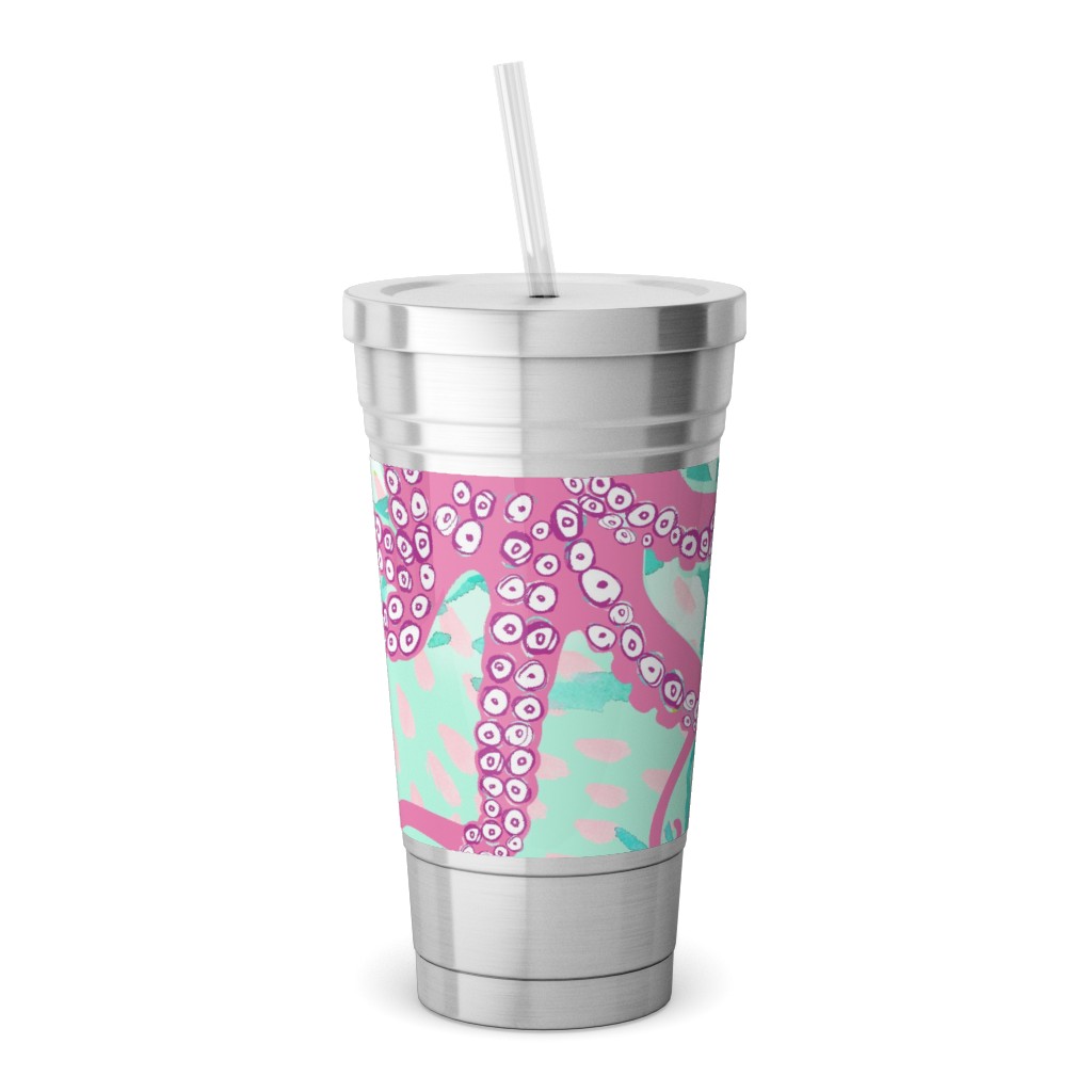 Oceana - Pink and Teal Stainless Tumbler with Straw, 18oz, Multicolor