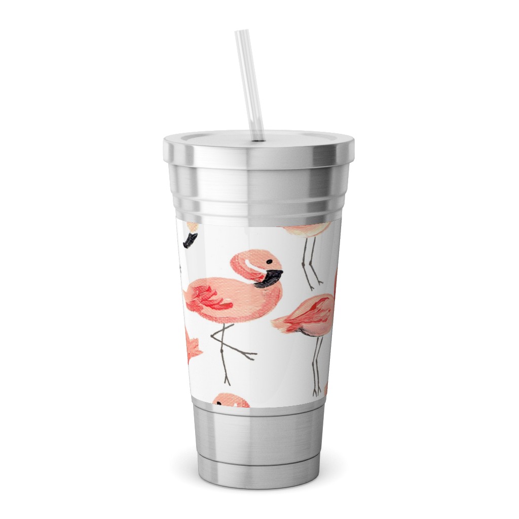 Flamingo Party - Pink Stainless Tumbler with Straw, 18oz, Pink