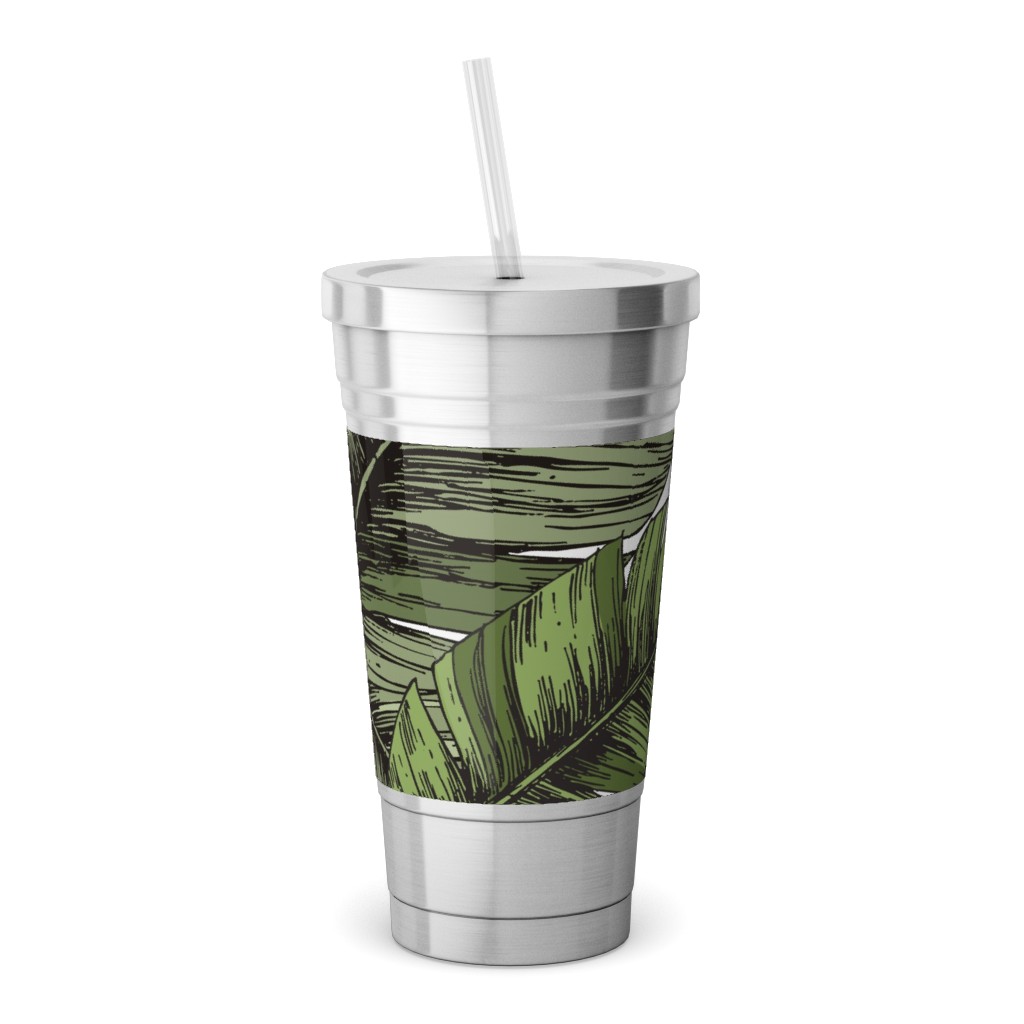 Tropical Palm Leaves - Green Stainless Tumbler with Straw, 18oz, Green