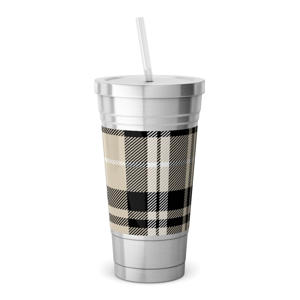 Fall Plaid Stainless Tumbler with Straw, 18oz, Beige
