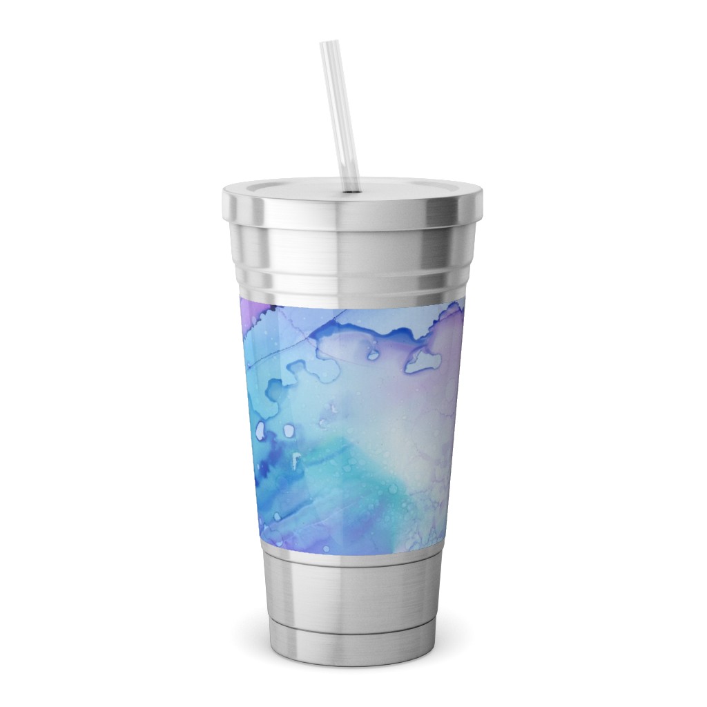 Watercolor Waves - Blue and Purple Stainless Tumbler with Straw, 18oz, Blue