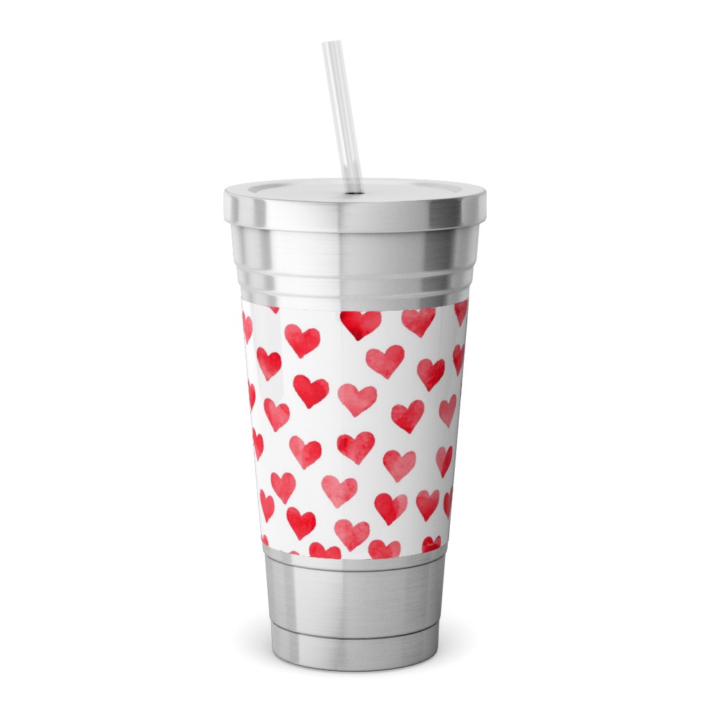 Watercolor Hearts - Red Stainless Tumbler with Straw, 18oz, Red