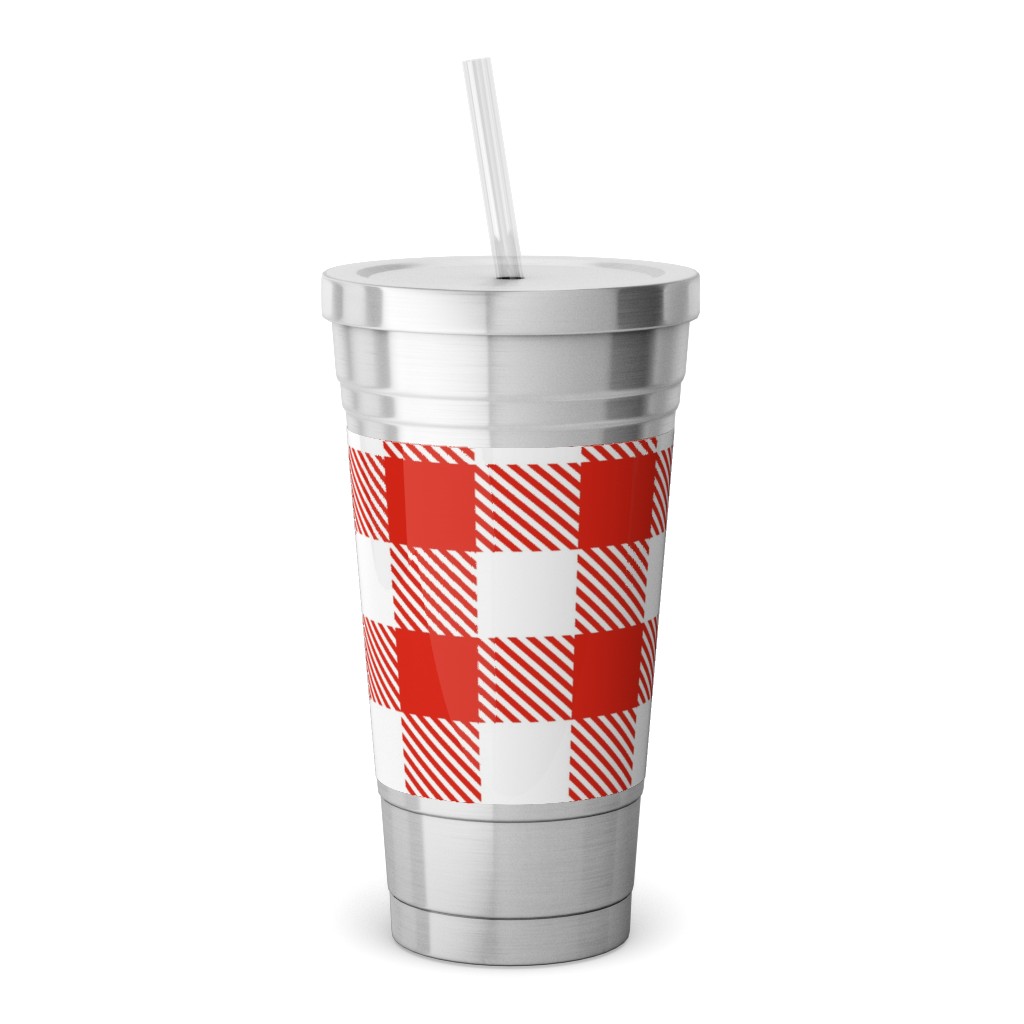 Red Gingham Pattern Stainless Tumbler with Straw, 18oz, Red