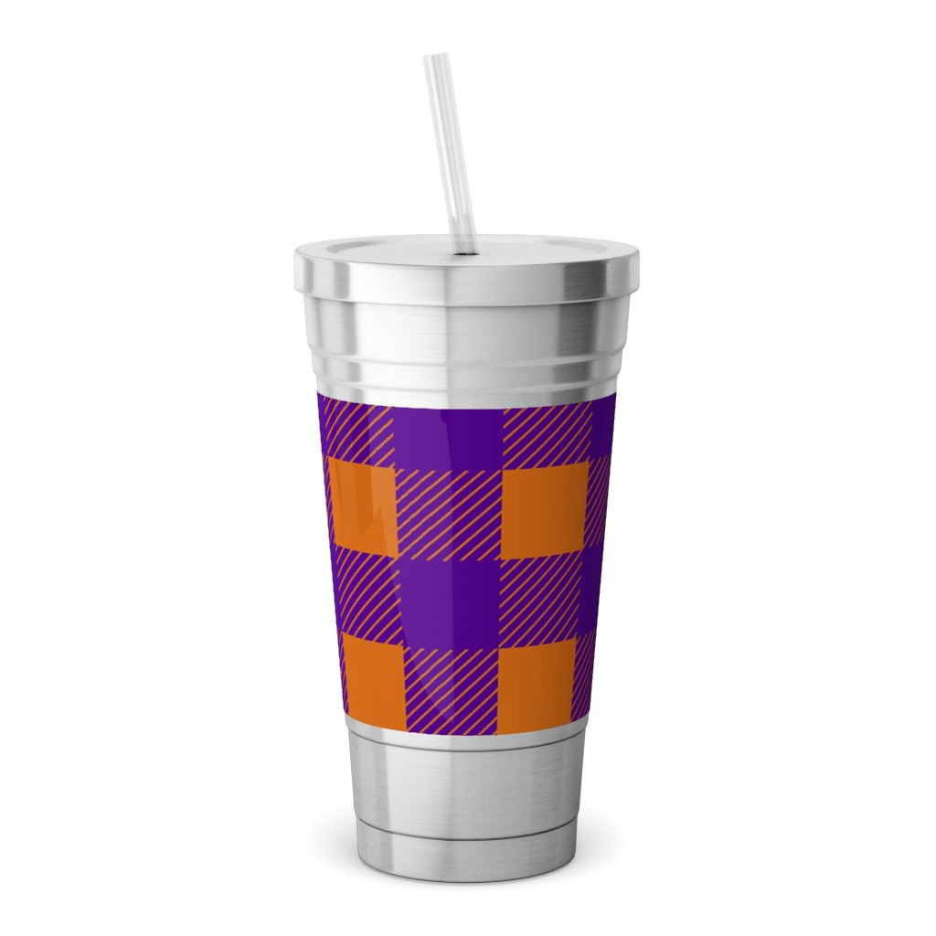 Buffalo Checked Plaid Stainless Tumbler with Straw, 18oz, Purple
