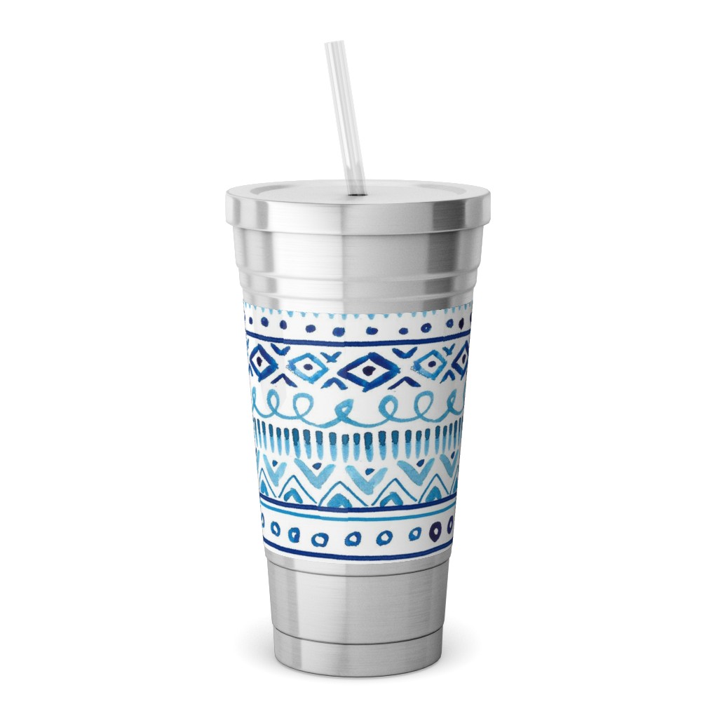 Painted Stripe - Blue Stainless Tumbler with Straw, 18oz, Blue