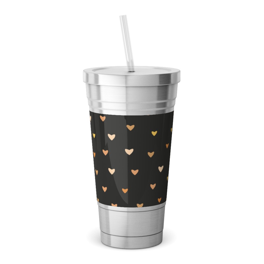 Bronze Hearts - Black Stainless Tumbler with Straw, 18oz, Black