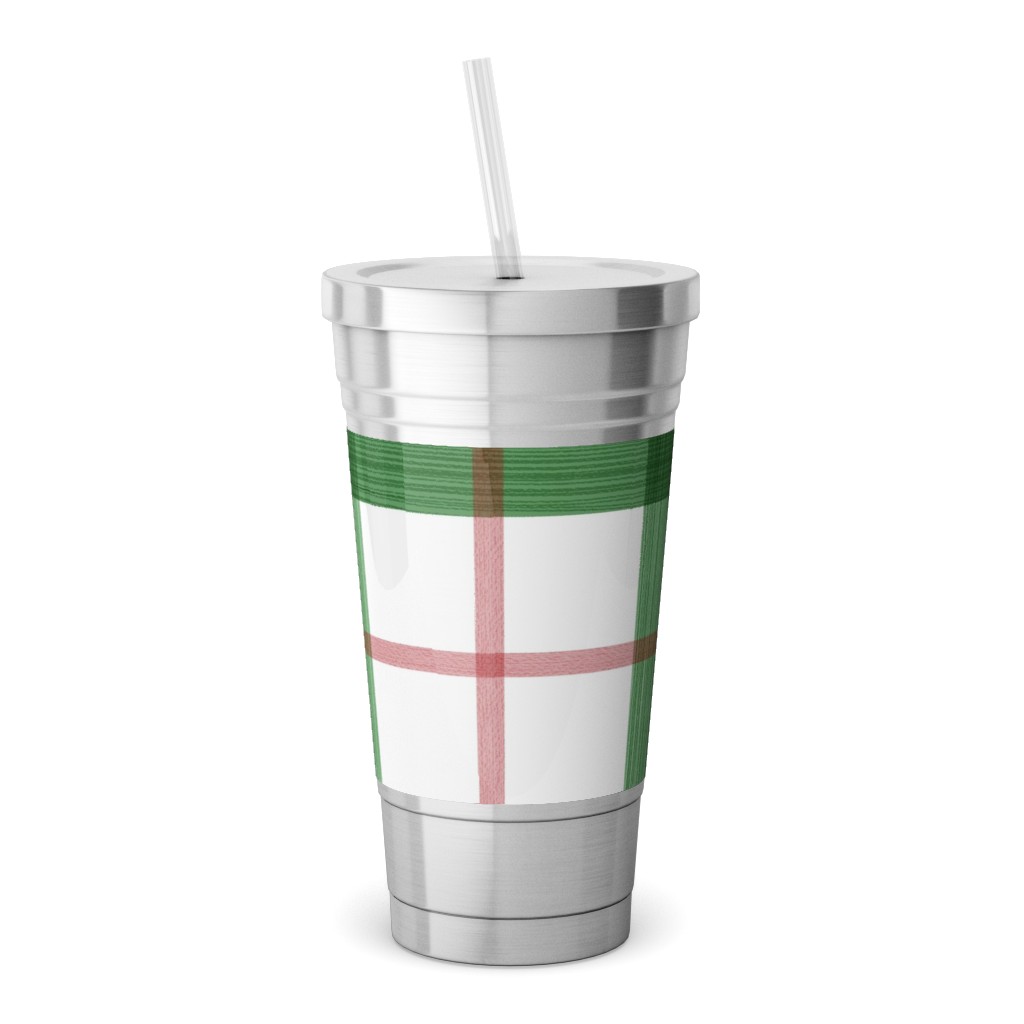 Double Plaid Stainless Tumbler with Straw, 18oz, Green