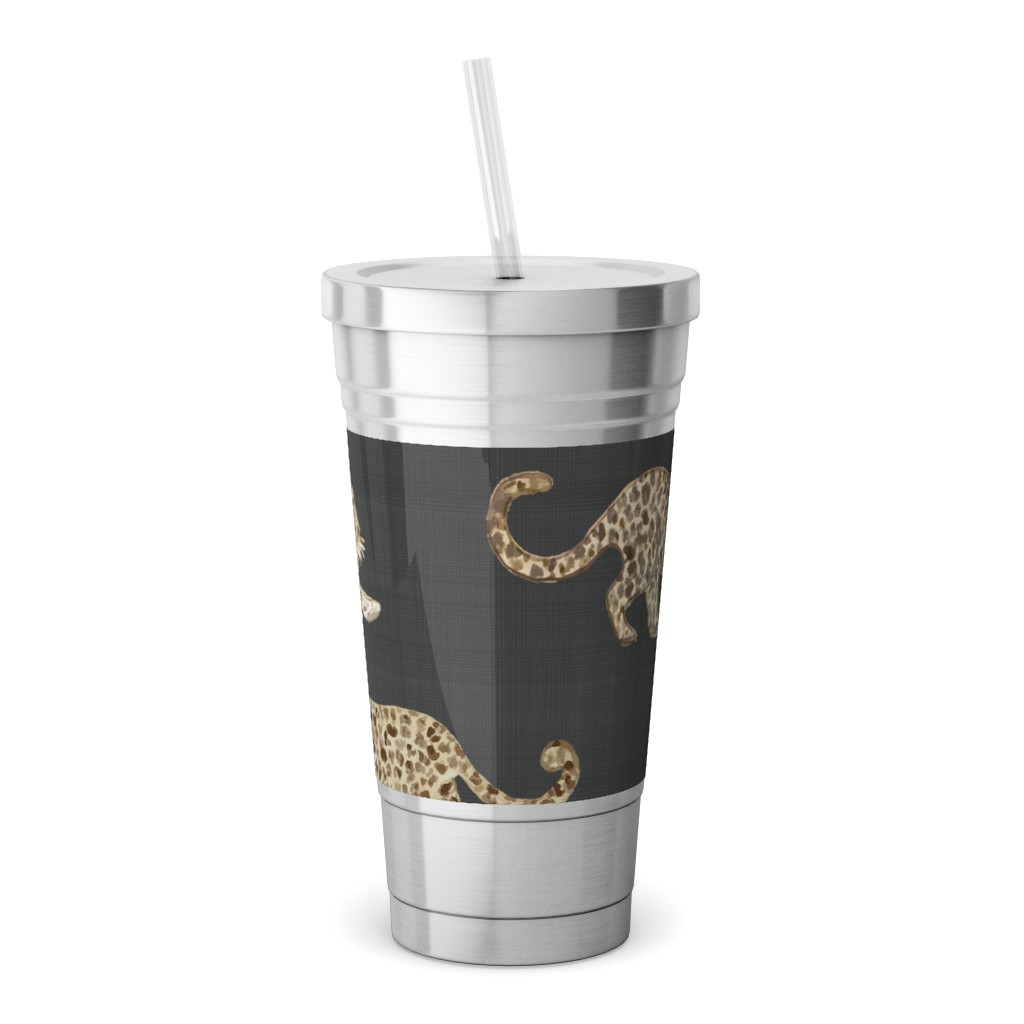 Leopard Parade Stainless Tumbler with Straw, 18oz, Gray