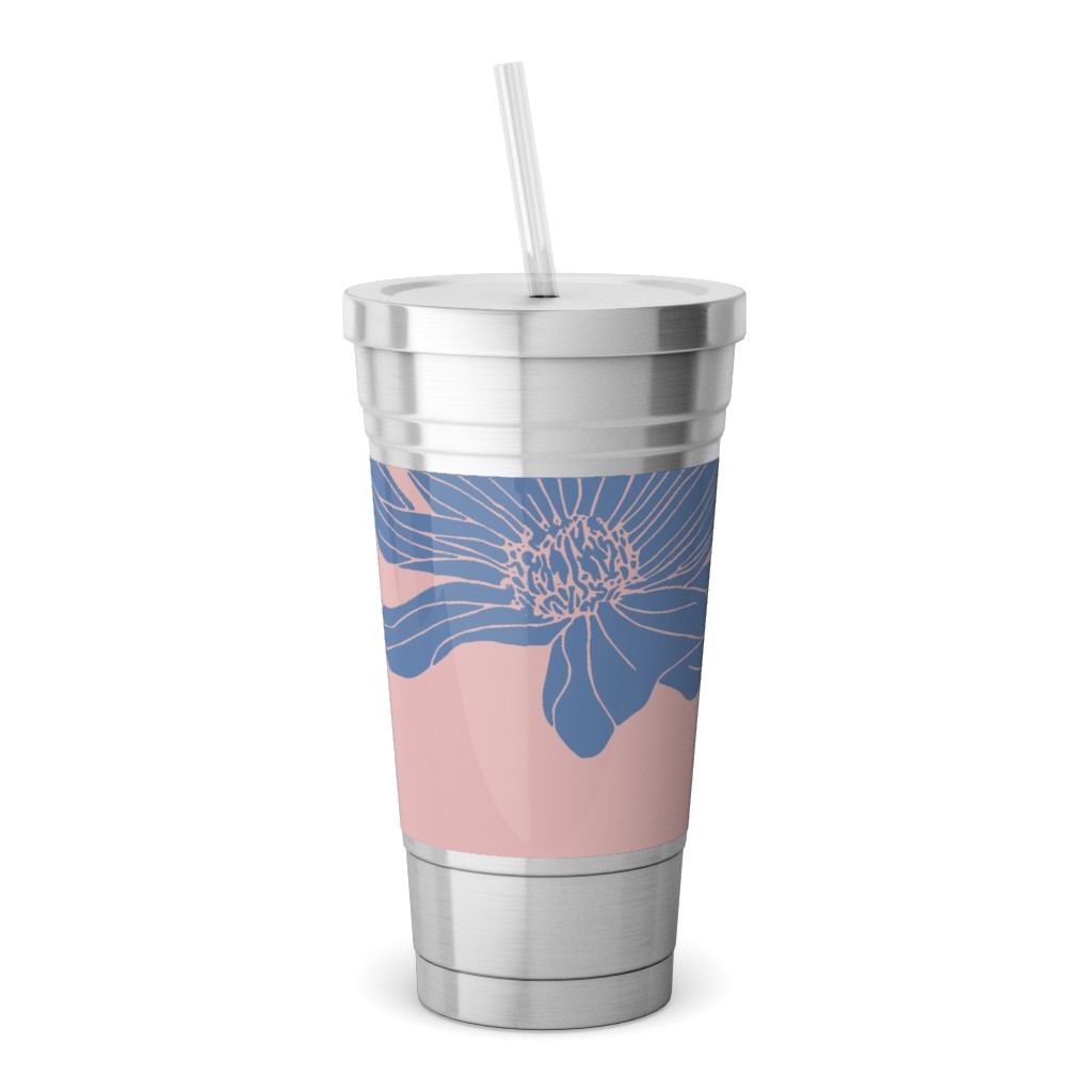 Poppies Stainless Tumbler with Straw, 18oz, Pink