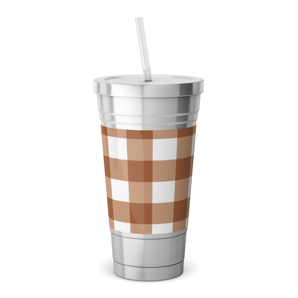 Gingham Plaid Check Stainless Tumbler with Straw, 18oz, Brown