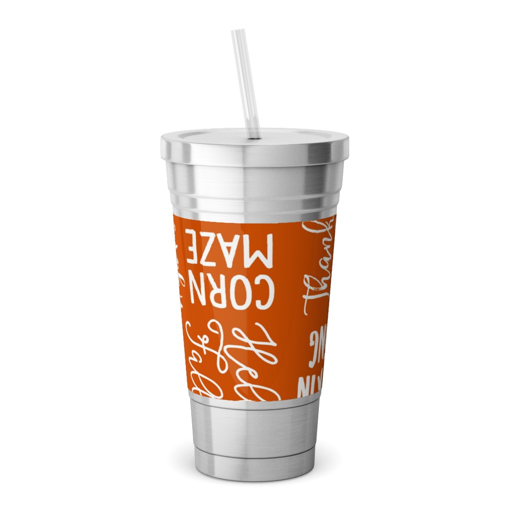 Favorite Things of Fall - Fall Words on Cider Stainless Tumbler with Straw, 18oz, Orange