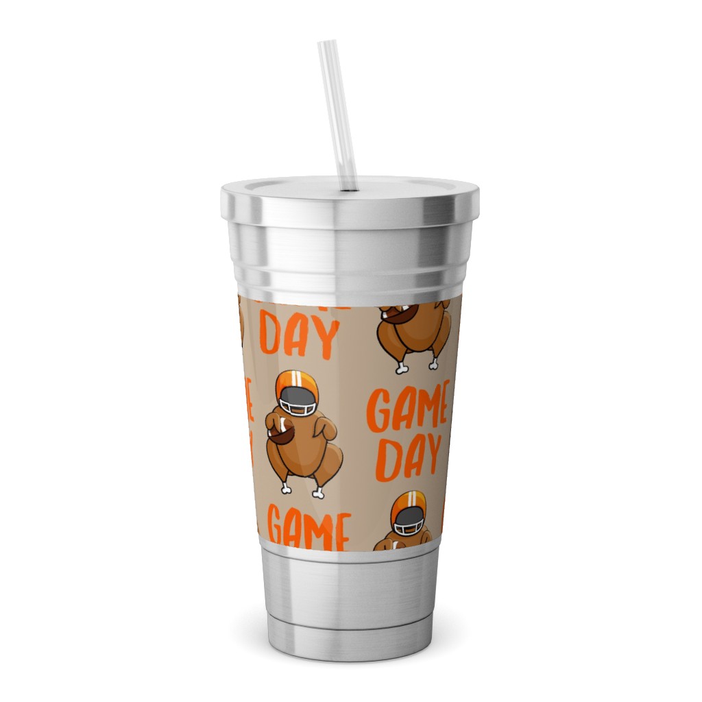 Game Day Turkey With Football - Tan Stainless Tumbler with Straw, 18oz, Beige