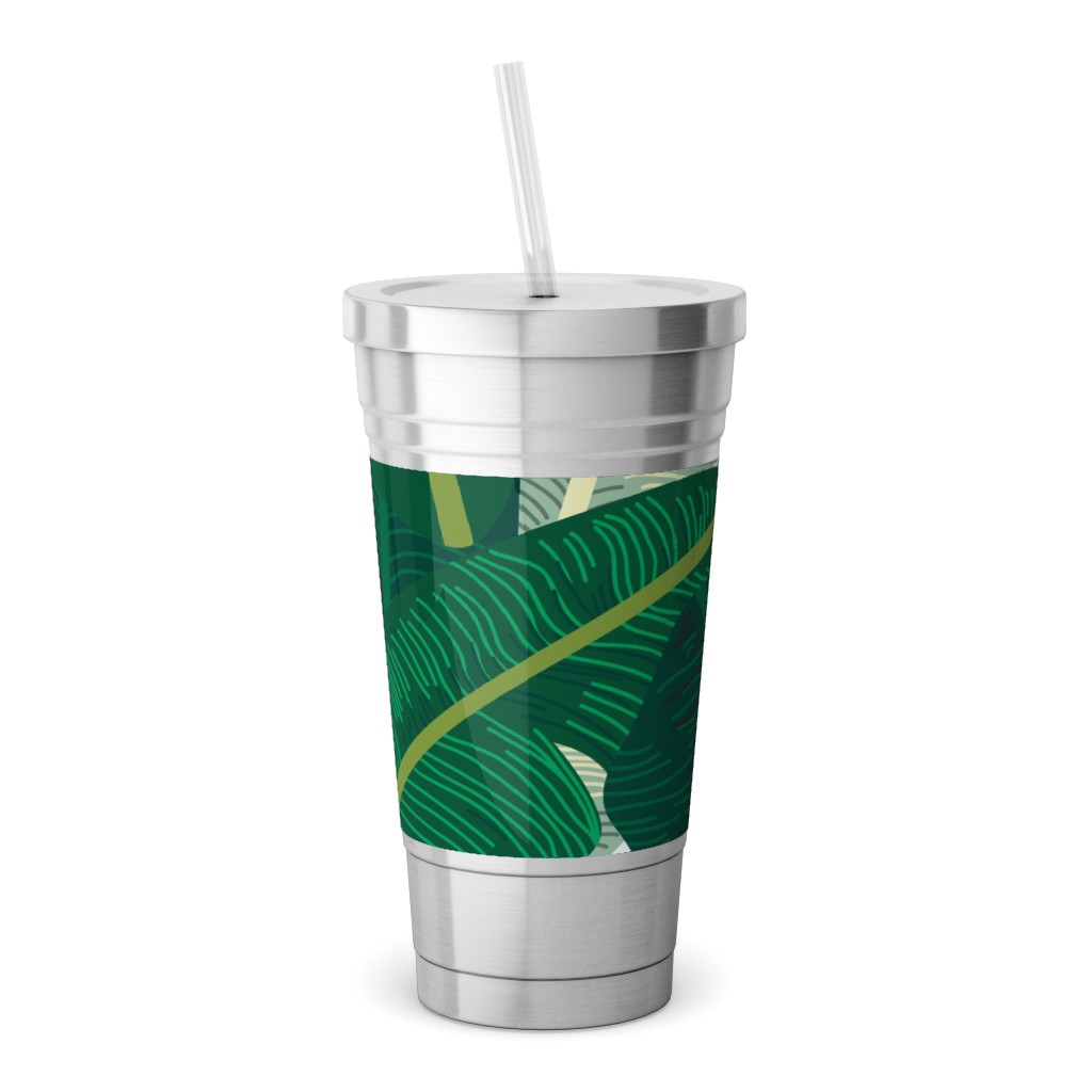 Classic Banana Leaves - Palm Springs Green Stainless Tumbler with Straw, 18oz, Green