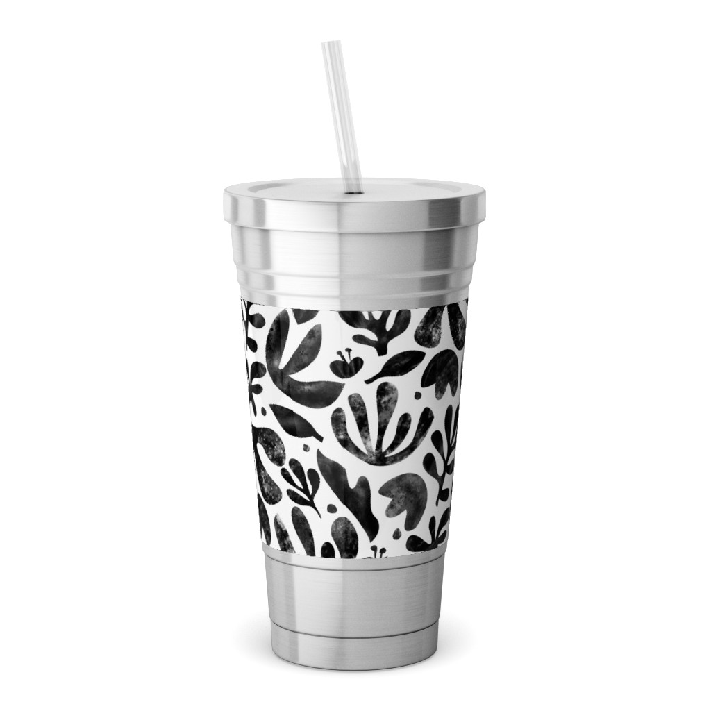 Flower Cutouts - Neutral Stainless Tumbler with Straw, 18oz, Black