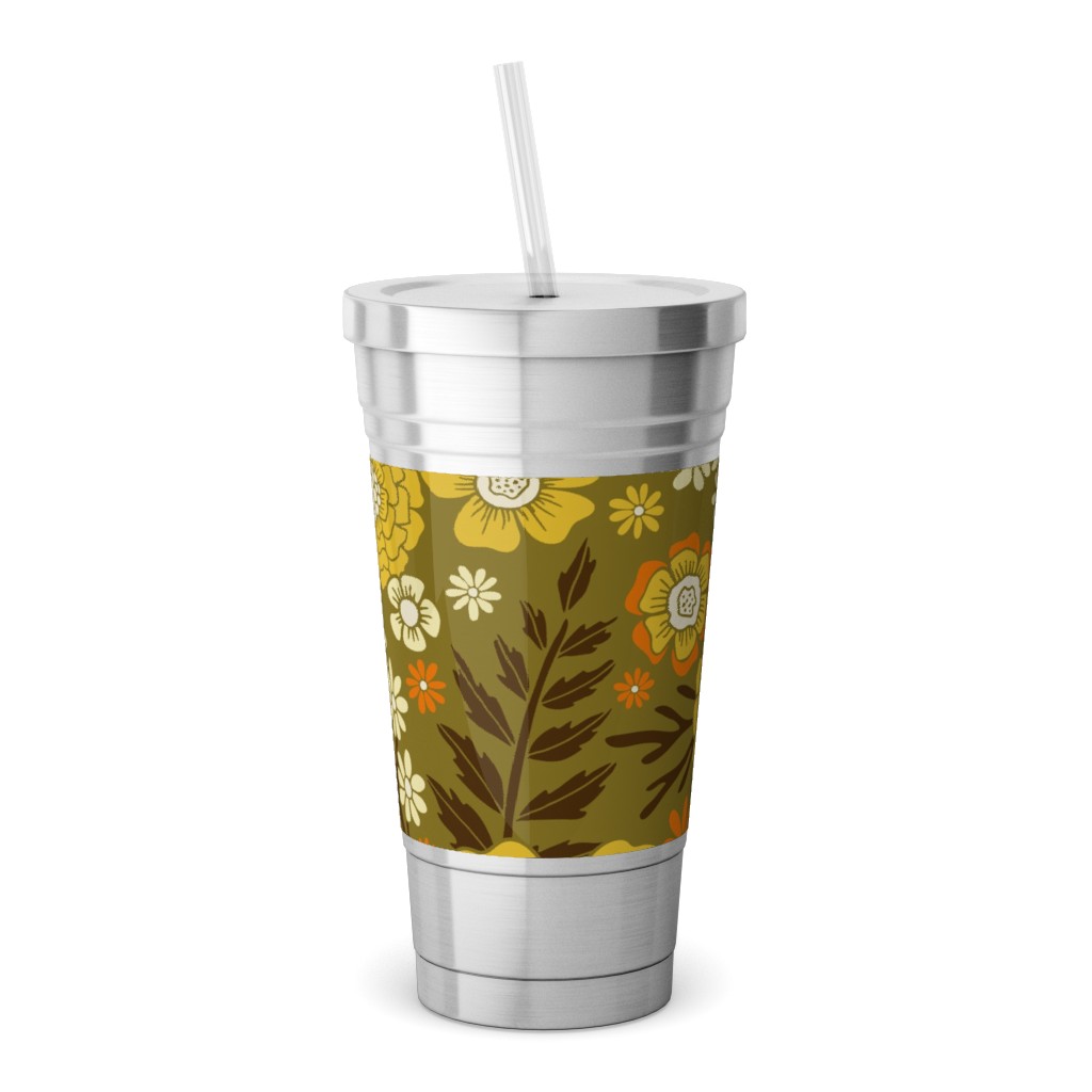 1970s Retro/Vintage Floral - Yellow and Brown Stainless Tumbler with Straw, 18oz, Yellow
