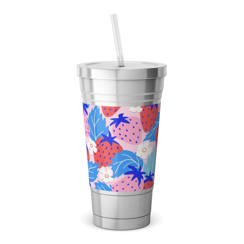Papercut Strawberries - Blue and Pink Stainless Tumbler with Straw, 18oz, Multicolor