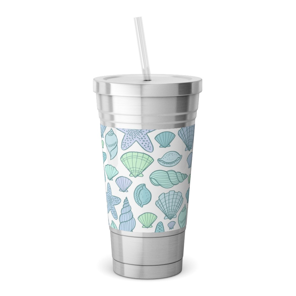 Seashells - Cool Blues Stainless Tumbler with Straw, 18oz, Blue