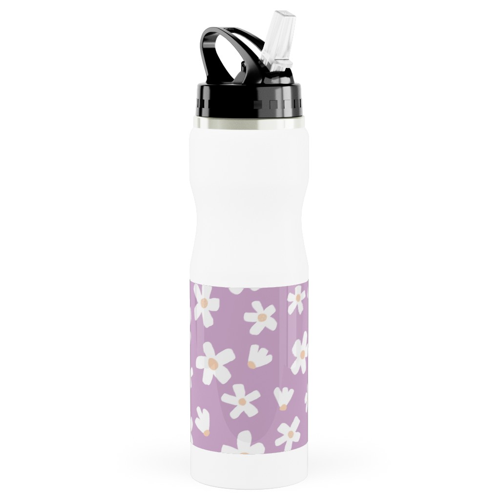 Daisy Garden Floral - Purple Stainless Steel Water Bottle with Straw, 25oz, With Straw, Purple
