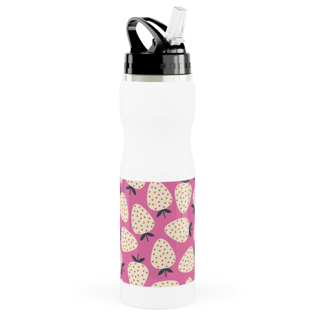 Strawberries - Cream on Pink Stainless Steel Water Bottle with Straw, 25oz, With Straw, Pink