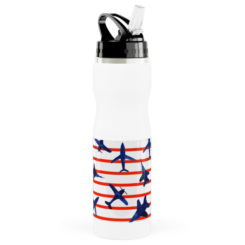 Patriotic Airplanes Watercolor - Blue With Red Stripes Stainless Steel Water Bottle with Straw, 25oz, With Straw, Blue