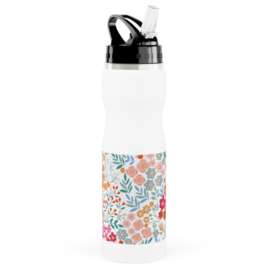 Summer Flower Stainless Steel Water Bottle with Straw, 25oz, With Straw, Multicolor, White