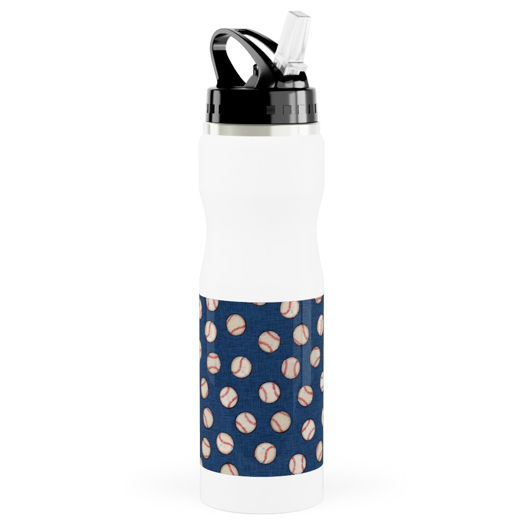 Baseball Balls on Blue Linen Stainless Steel Water Bottle with Straw, 25oz, With Straw, Blue