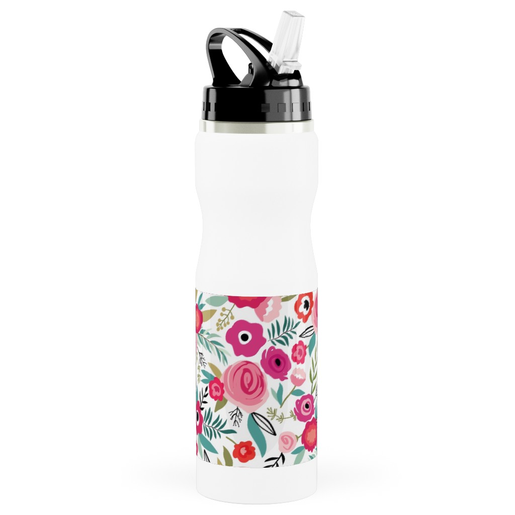 Maypole - Pink Stainless Steel Water Bottle with Straw, 25oz, With Straw, Pink, Bright Pink
