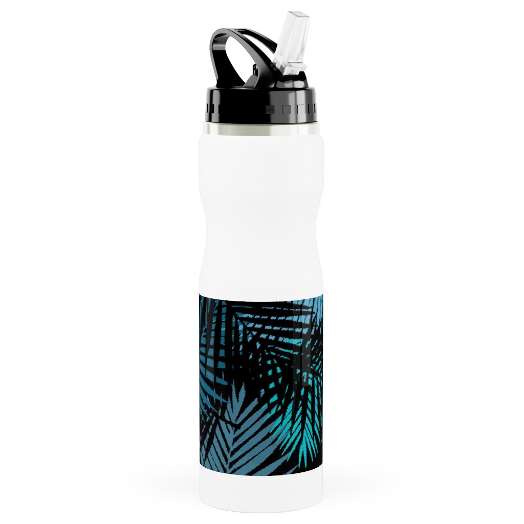 Tropical Leaves - Blue and Green Stainless Steel Water Bottle with Straw, 25oz, With Straw, Blue