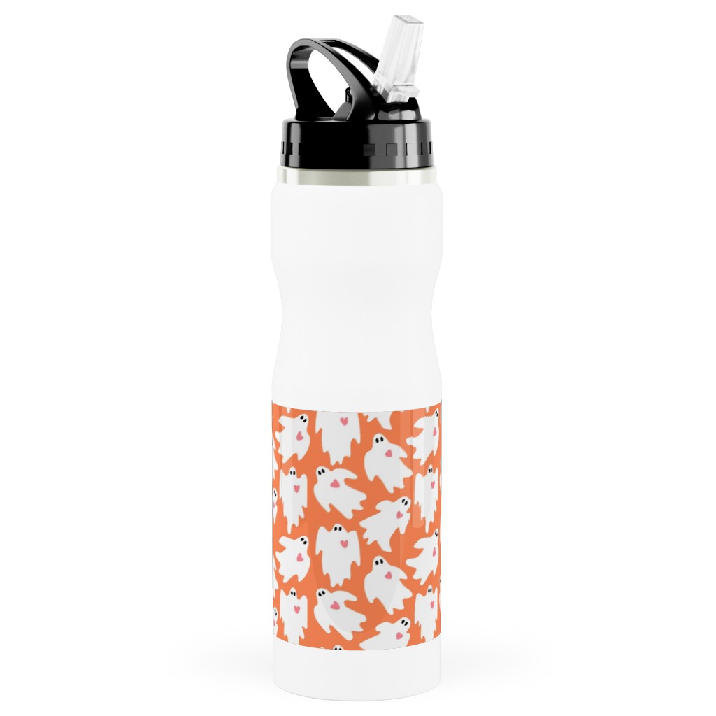 Halloween Ghosts With Hearts on Black Stainless Steel Water Bottle with Straw, 25oz, With Straw, Orange