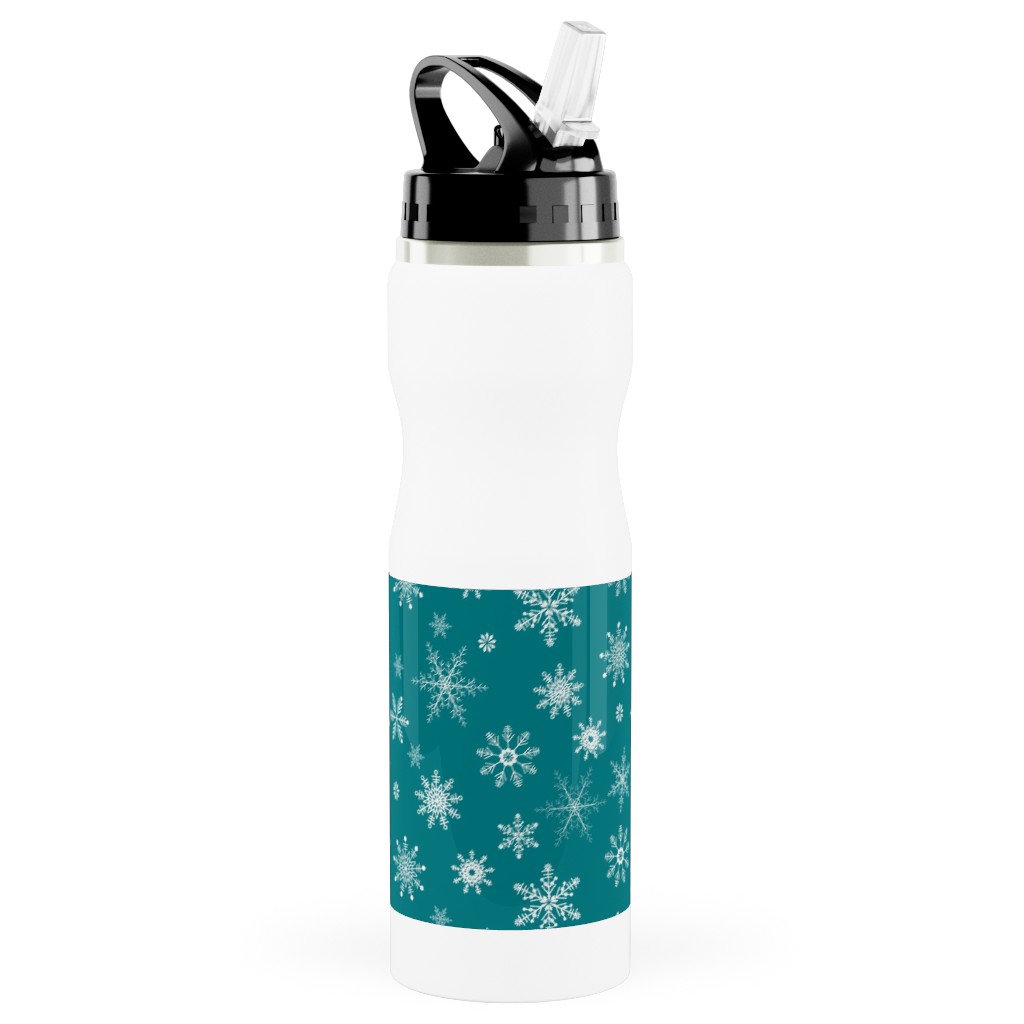 Snowflakes on Emerald Stainless Steel Water Bottle with Straw, 25oz, With Straw, Green