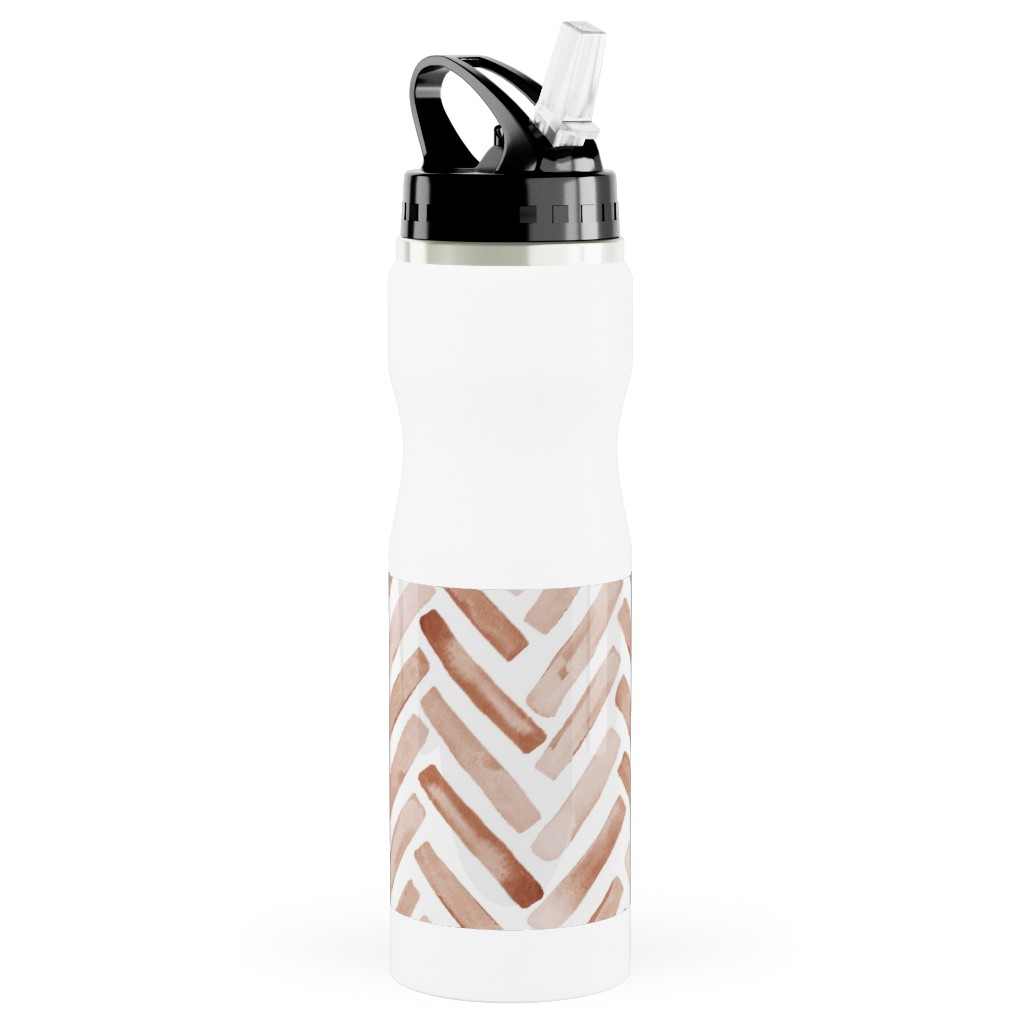 Painted Chevron Herringbone Stainless Steel Water Bottle with Straw, 25oz, With Straw, Brown
