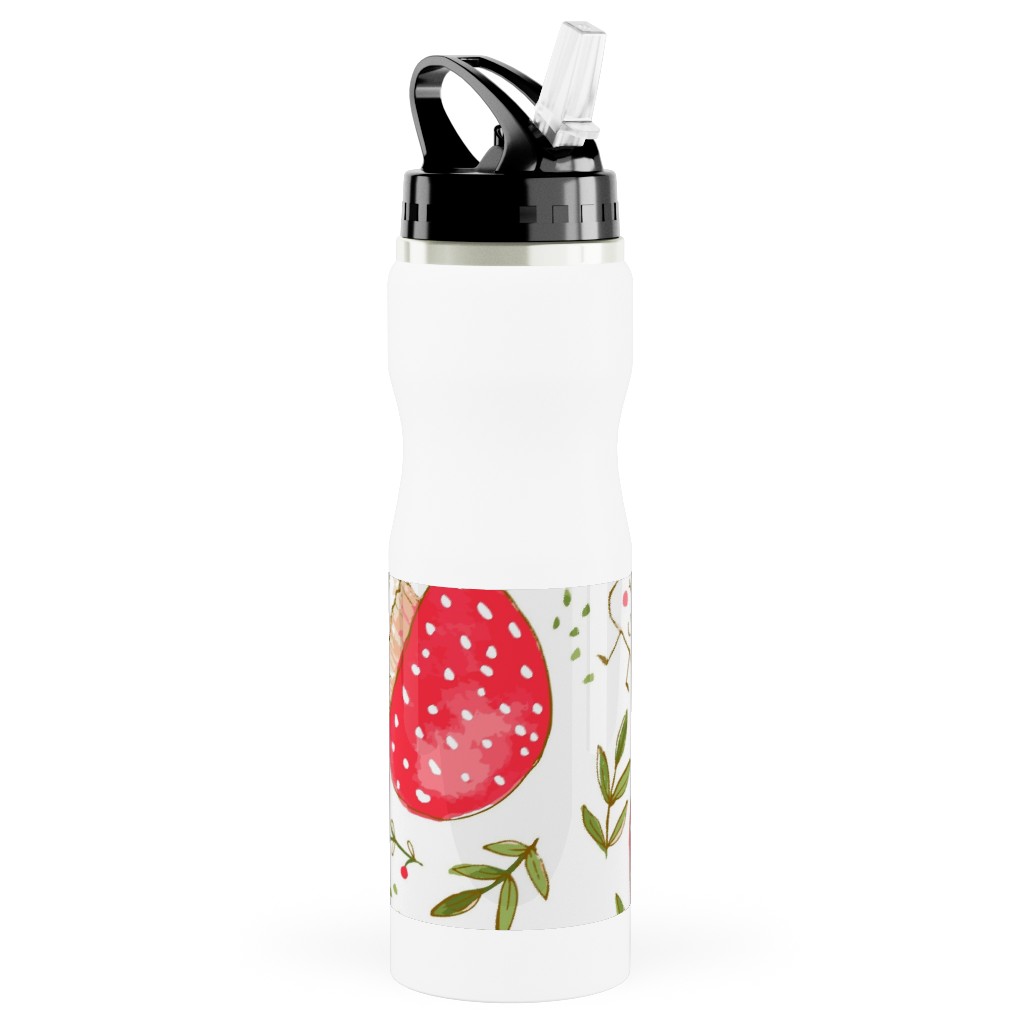 the Happiest Little Mushrooms - Red Stainless Steel Water Bottle with Straw, 25oz, With Straw, Red