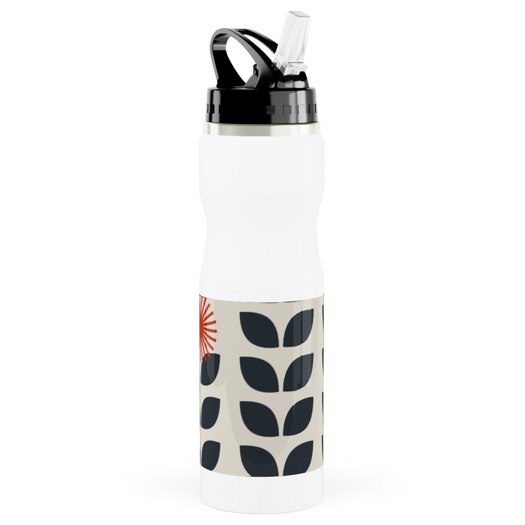 Scandinavian Climbing Vines - Neutral Stainless Steel Water Bottle with Straw, 25oz, With Straw, Beige