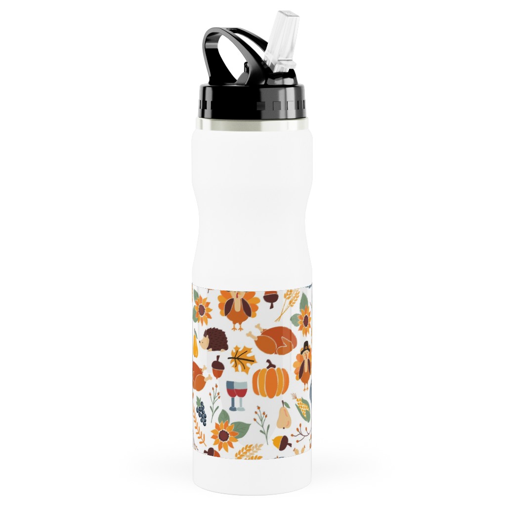Thanksgiving Table Stainless Steel Water Bottle with Straw, 25oz, With Straw, Multicolor