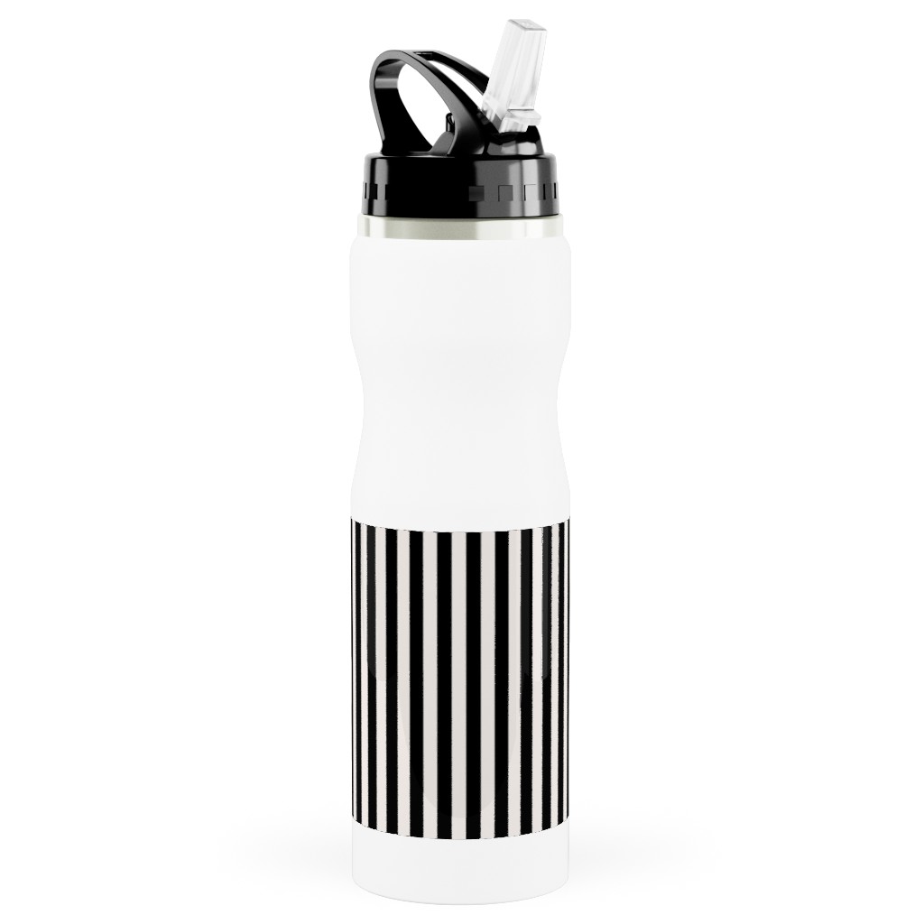Basic Stripe - Black and Cream Stainless Steel Water Bottle with Straw, 25oz, With Straw, Black