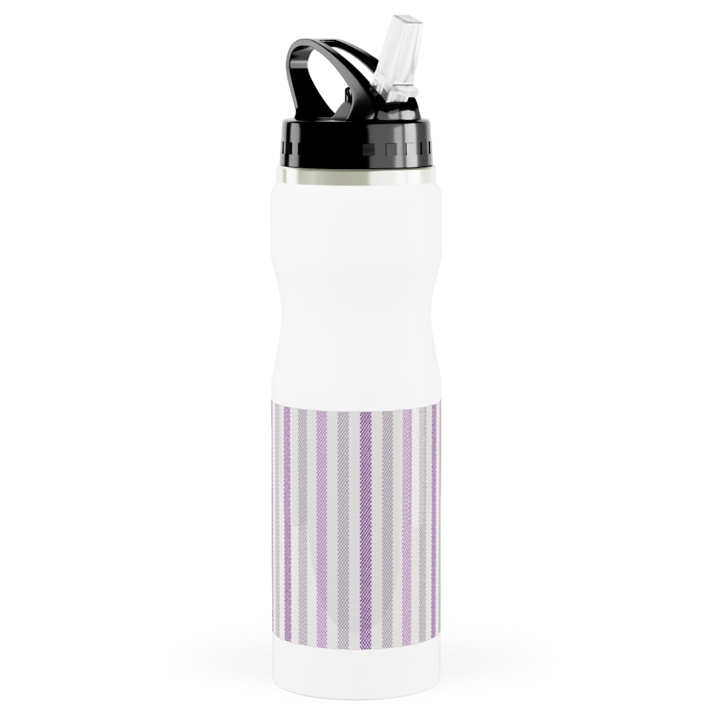 Tricolor French Ticking Stripe - Purple Stainless Steel Water Bottle with Straw, 25oz, With Straw, Purple