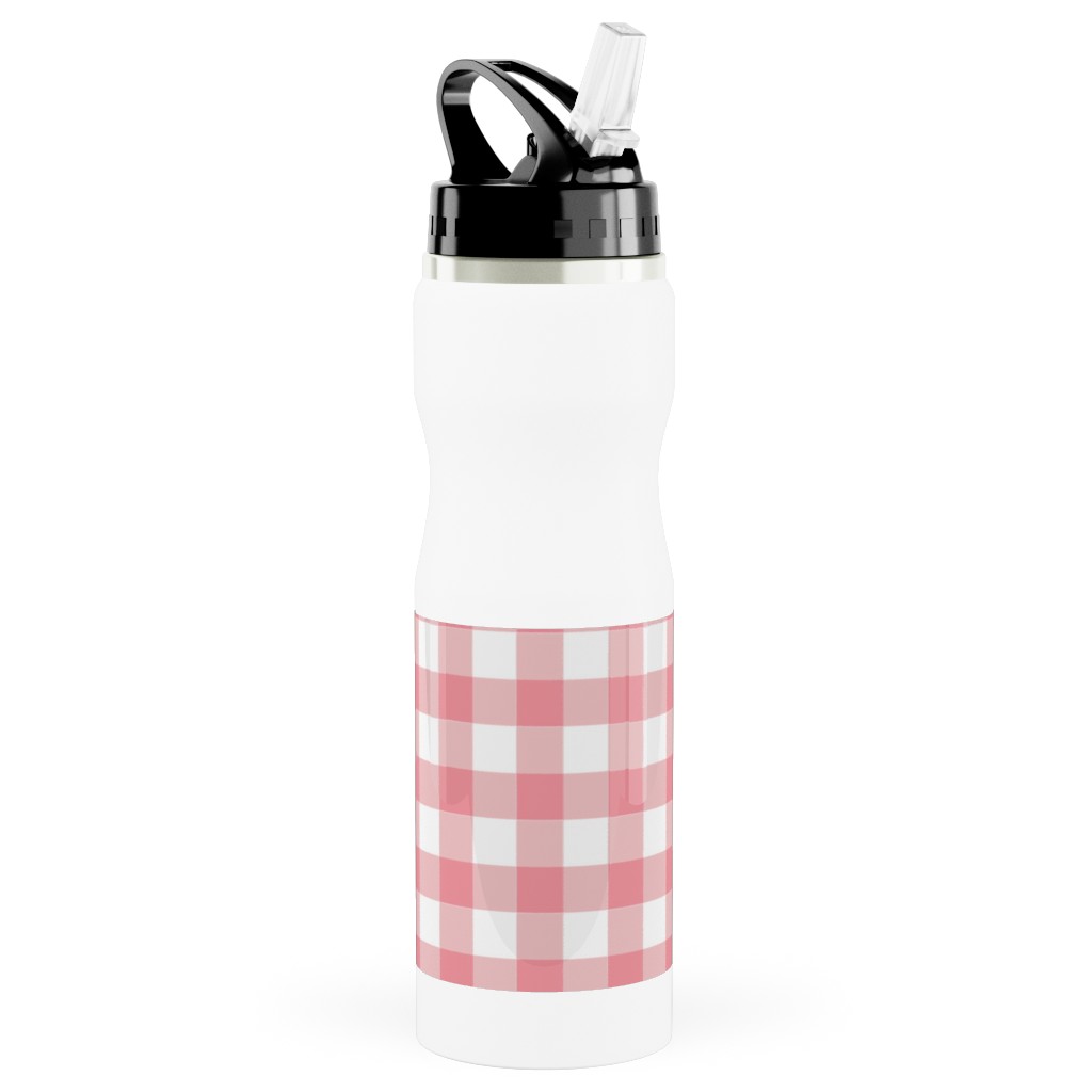 Simple Gingham Stainless Steel Water Bottle with Straw, 25oz, With Straw, Pink, Ballet Slipper