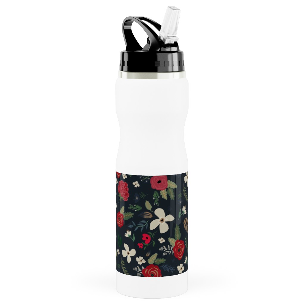 Fancy Winter - Navy Background Stainless Steel Water Bottle with Straw, 25oz, With Straw, Black, Black