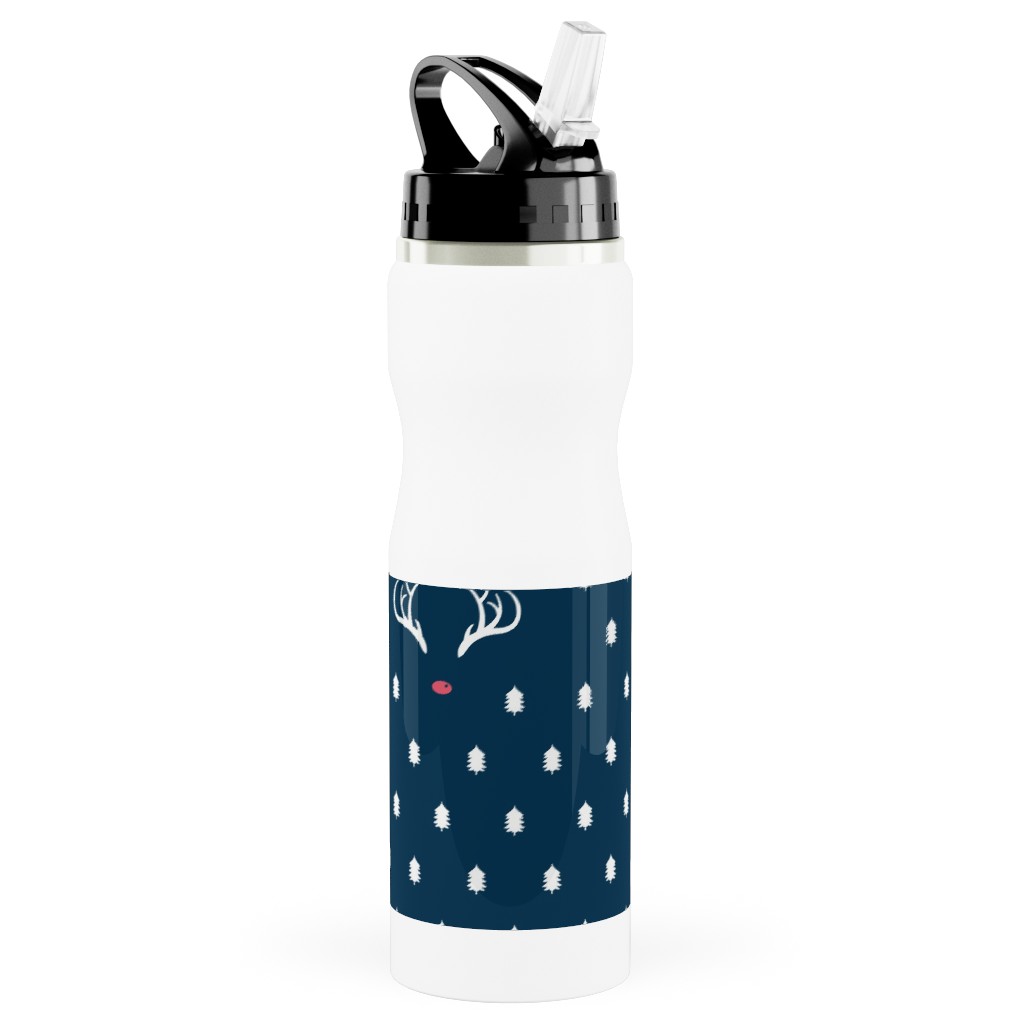 Modern Christmas Deer - Navy Stainless Steel Water Bottle with Straw, 25oz, With Straw, Blue, True Blue