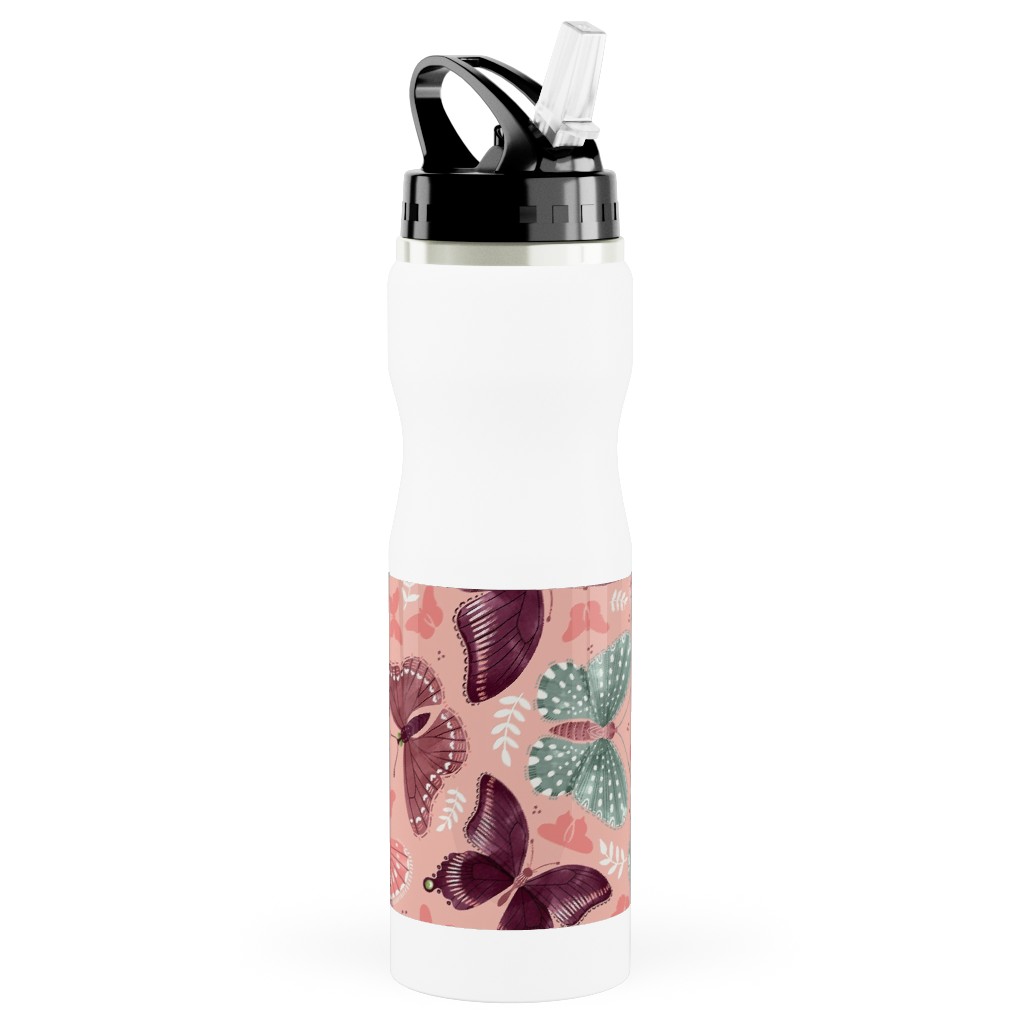 Romantic Butterflies - Pink Stainless Steel Water Bottle with Straw, 25oz, With Straw, Pink