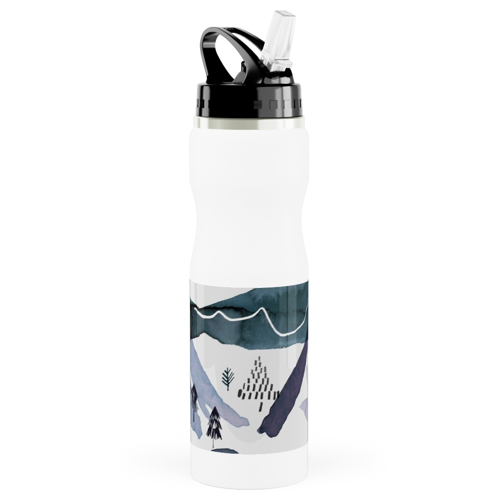 Watercolor Mountains Landscape - Blue Stainless Steel Water Bottle with Straw, 25oz, With Straw, Blue
