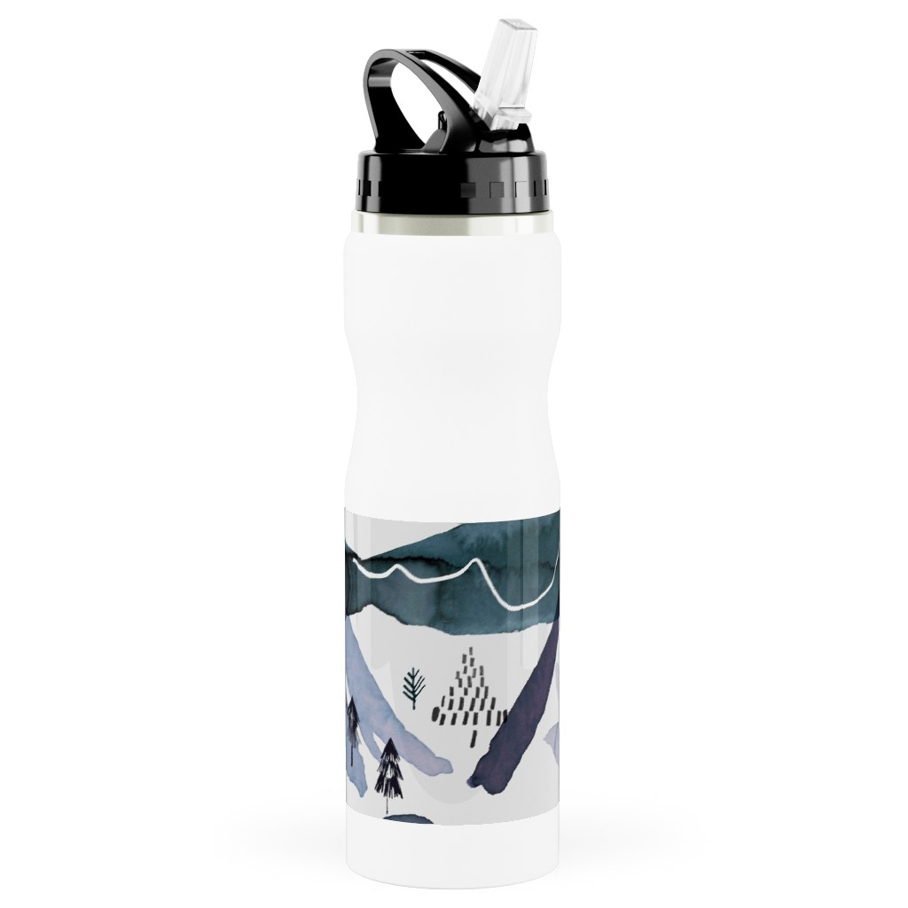 Watercolor Mountains Landscape - Blue Stainless Steel Water Bottle with Straw, 25oz, With Straw, Blue, True Blue